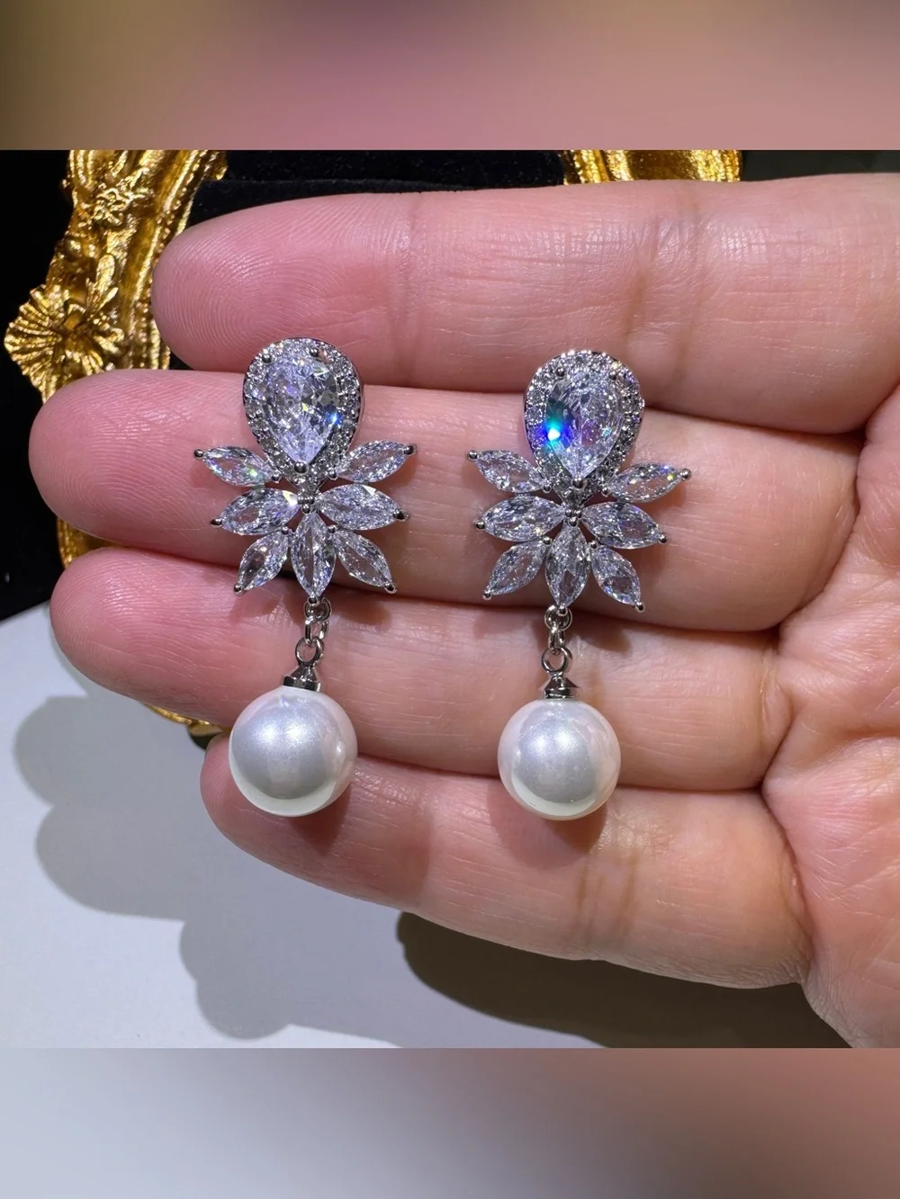 Crystal Floral Pearl Drop Earrings - Silver Tone